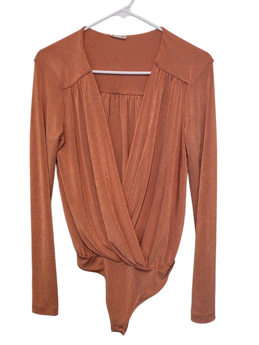 Intimately Free People EUC Turnt Draped Deep V-Neck Bodysuit Copper Metallic M